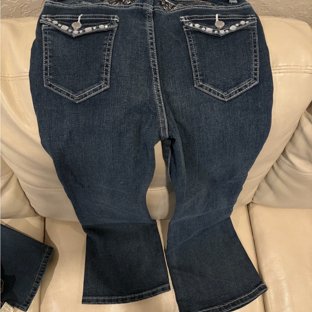 SHEIN Dark Blue Flare Jeans with Embellished Pockets